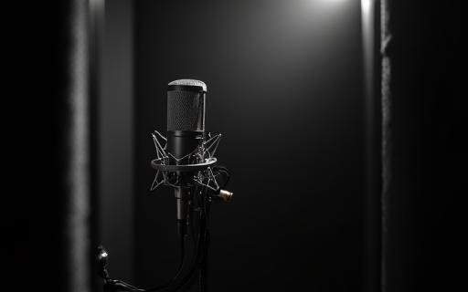 Imagem de microfone em uma cabine de locução, representando o prêmio de gravação de voiceover.